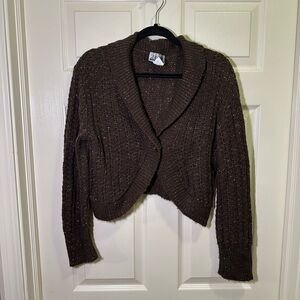 Y2K Sweater Cardigan Brown Tinsel Sz XL Single Button Curved Cropped Cable Knit